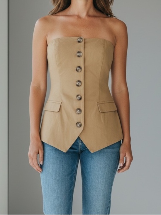 Anthropologie Tops - Anthropologie Flat White Strapless Brown Button Front Vest Top Womens Small NWT